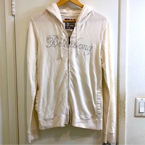 Billabong Full Length Zippered Hoodie White Drawstring 2 Side Pockets Size XL.